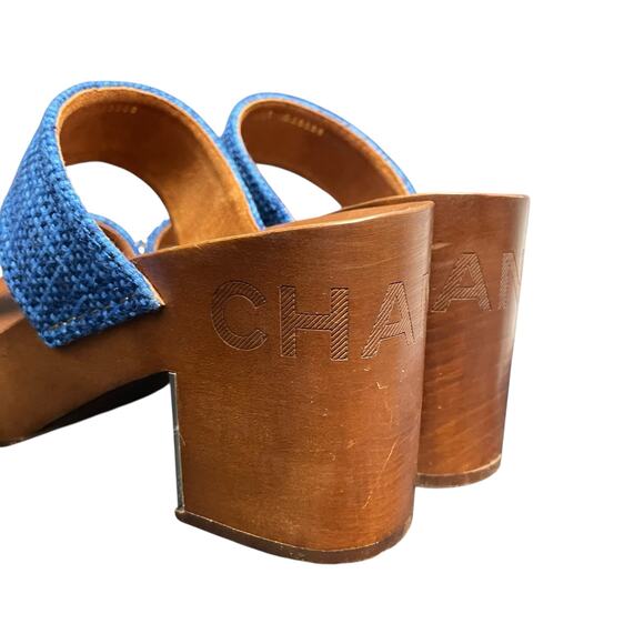 Chanel Chain Platform Slide Sandals Tweed Wood Heel Blue Brown Womens 40 / US 9 - Picture 8 of 14